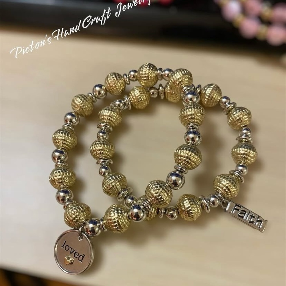 Gold and Silver Layered Bracelet Set with Charm
